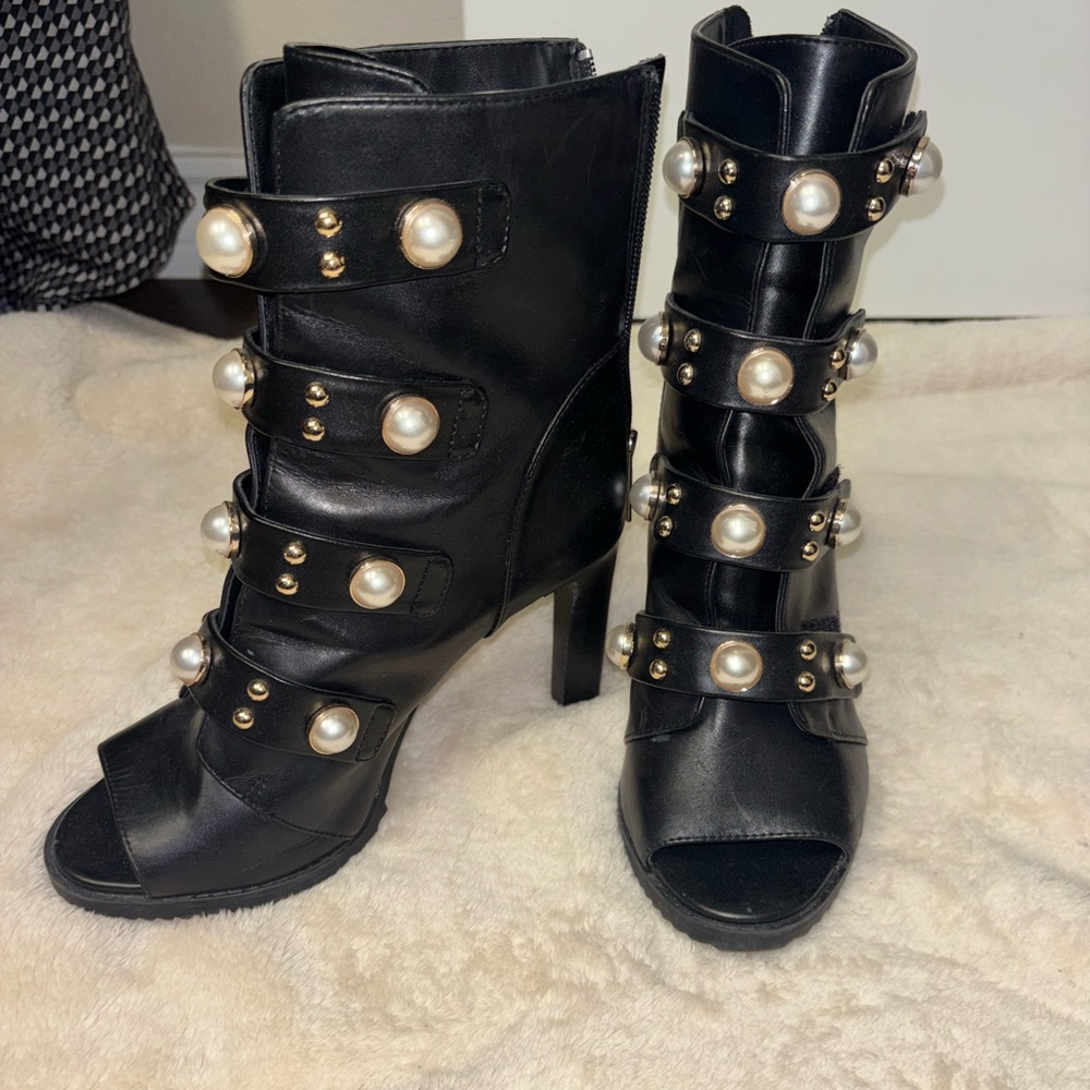 Karl Lagerfeld Black Heeled Boots with Pearl Accents